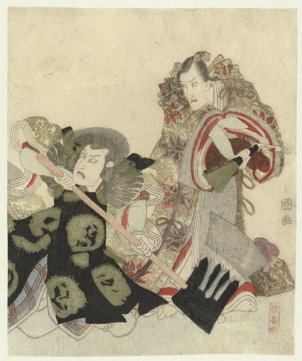 Ichikawa Danjûrô VII, Yoshimune no Munesada rolünde hayranla ve Ichikawa Omezô, Sekibei rolünde baltayla by Utagawa Toyokuni (I)