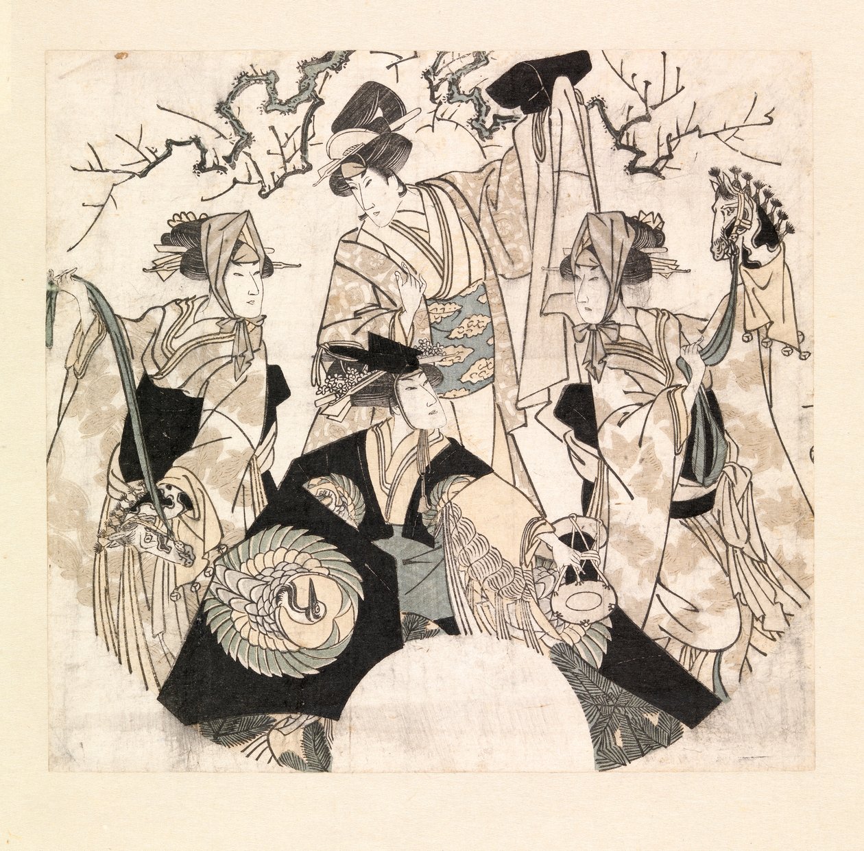 Dört Onnagata'nın sahne dansını yapan oyuncular, 1800-05 civarı (renkli gravür) by Utagawa Toyokuni