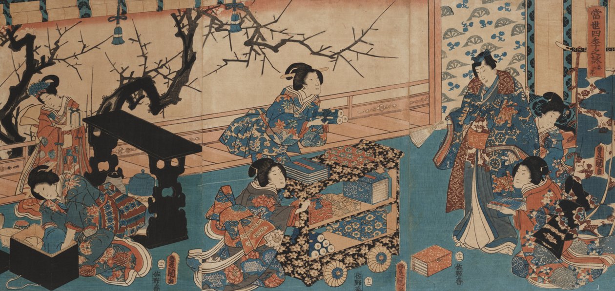 Bahar Şiir Okumasına Hazırlık (tahtaya monte edilmiş tahta blok) by Utagawa Toyokuni
