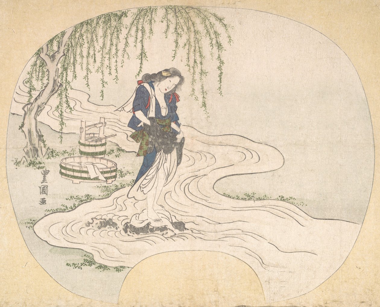 Bir Derede Kayanın Üzerinde Duran Bir Kadın Giysileri Yıkıyor, ca. 1828. by Utagawa Toyokuni II