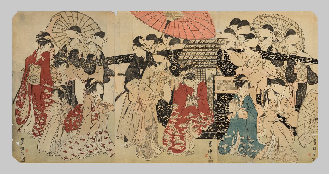 Refakatçileriyle birlikte seyahat eden bir prenses tahtırevandan iniyor. by Utagawa Toyokuni I