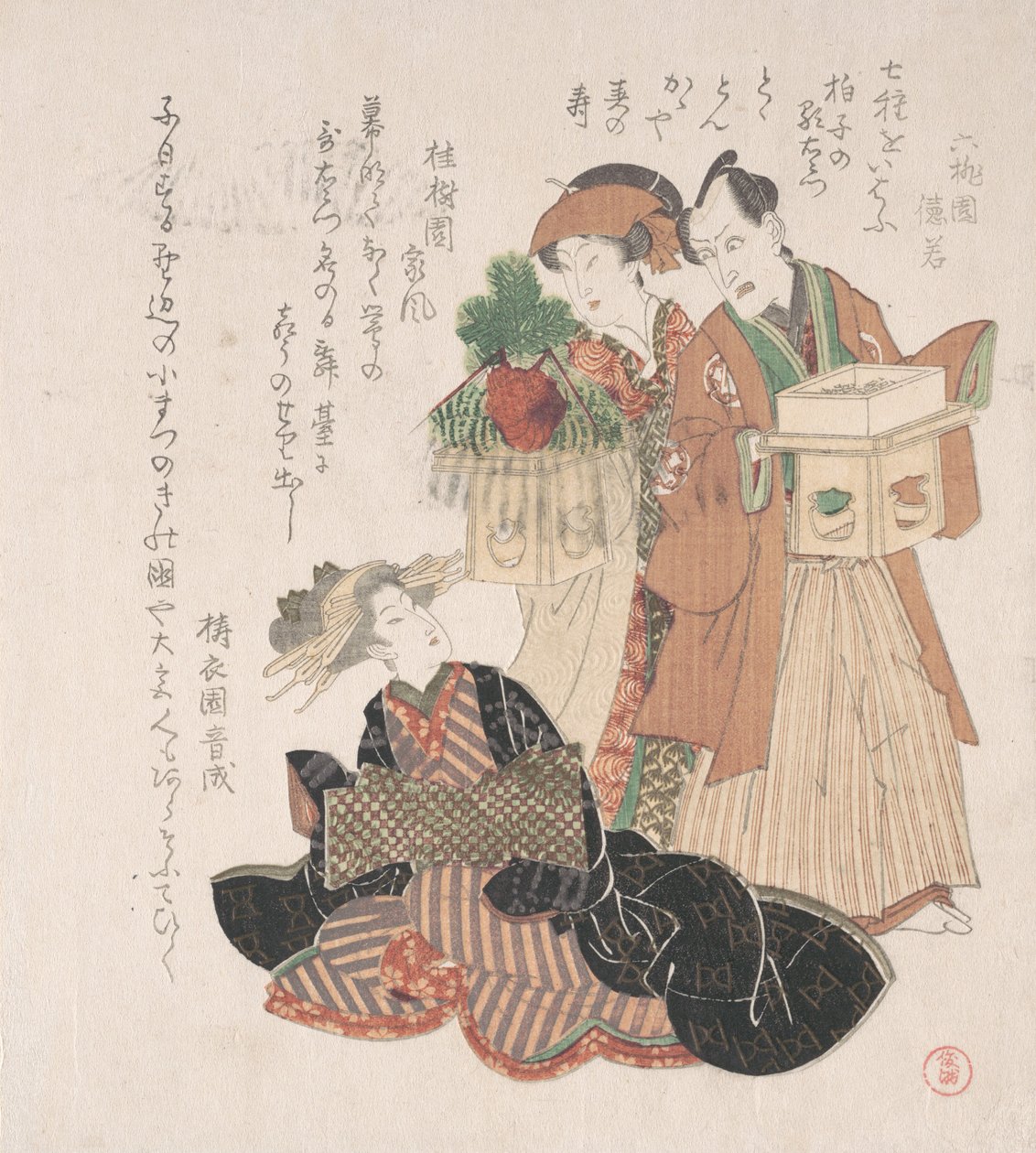 Aktör Nakamura Utaemon Yeni Yıl Törenine Hazırlanan İki Kadınla, 19. yüzyıl. by Utagawa Toyokuni I