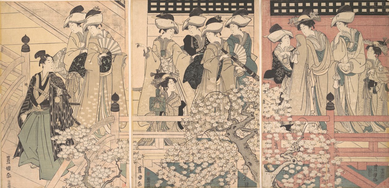 Bir Samurayın Ayrıldığı Kiraz Çiçekleri Arasında Bir Verandadaki Güzeller, yaklaşık. 1800. by Utagawa Toyokuni I