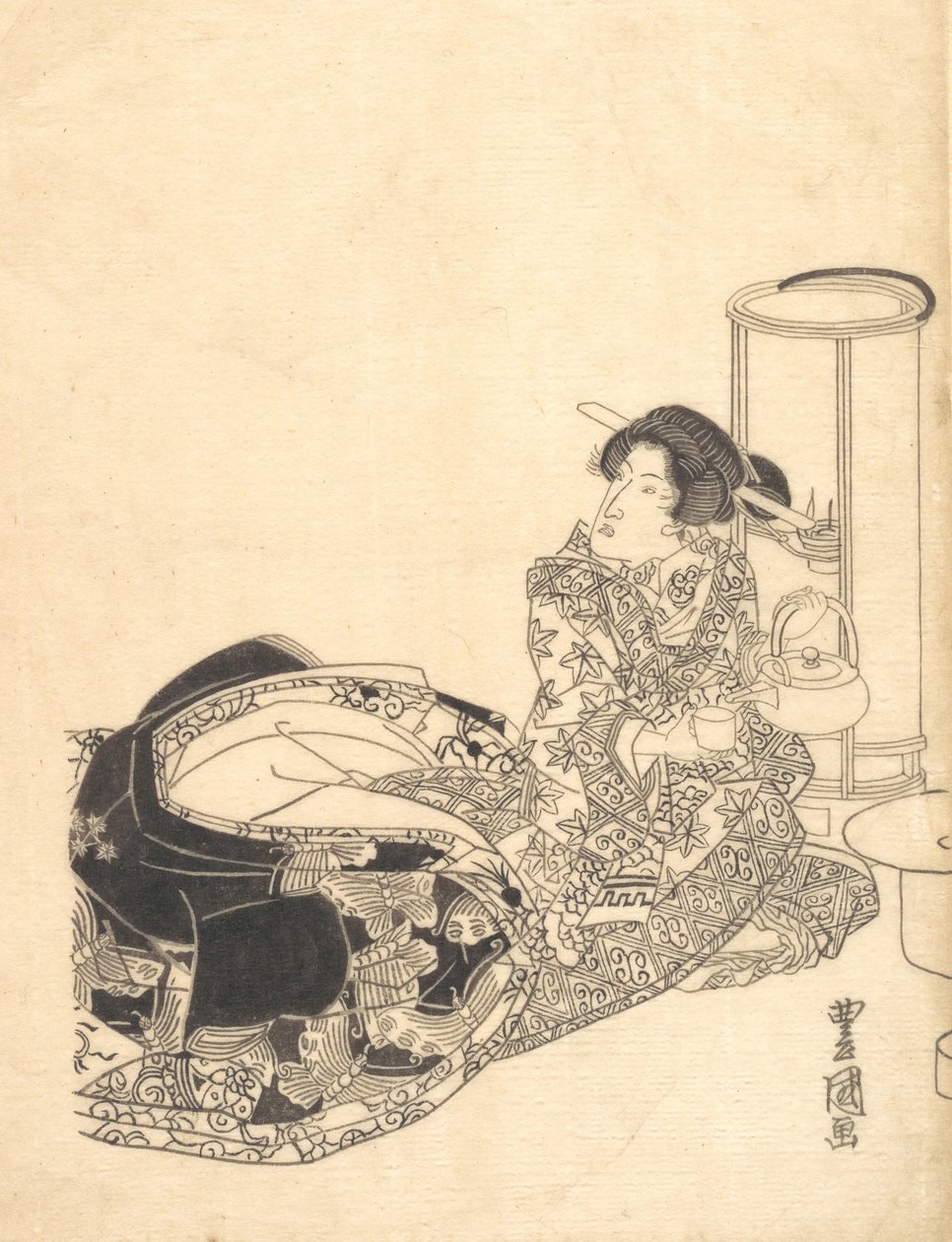 Fahişe veya Aktör, Bir Fenerin Işığıyla Çay Döken Fahişe Olarak. by Utagawa Toyokuni I