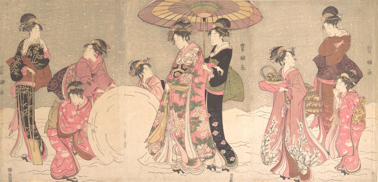 Nezaketçiler ve Hizmetçiler Dev Bir Kartopu Yapıyor, ca. 1796. by Utagawa Toyokuni I