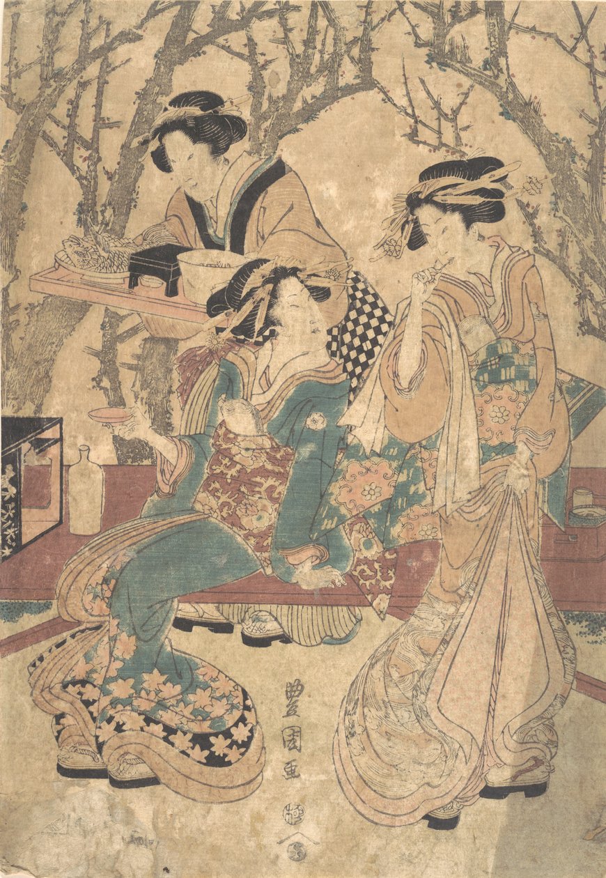 Bir Grup Ağacın Önünde Yemek Yiyen Üç Kadın. by Utagawa Toyokuni I