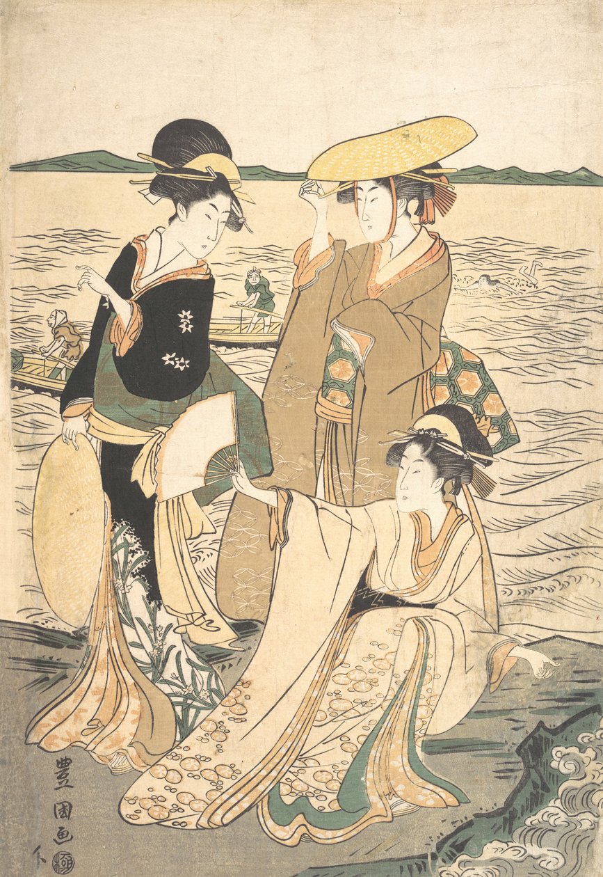 Deniz Kıyısında Üç Genç Hanım. by Utagawa Toyokuni I