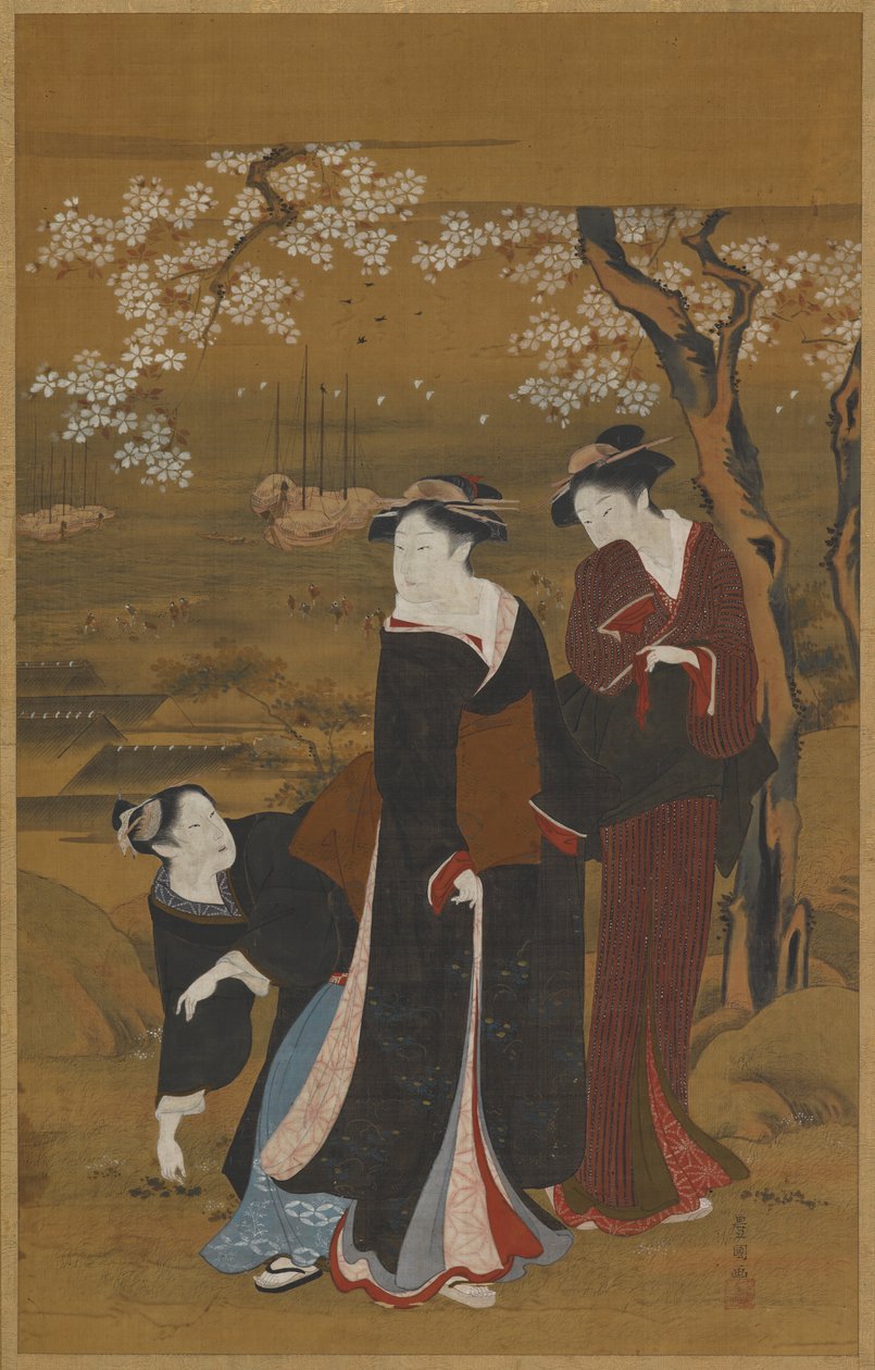 Deniz kıyısında çiçek açan bir kiraz ağacının altında üç kadın, 1769-1825. by Utagawa Toyokuni I