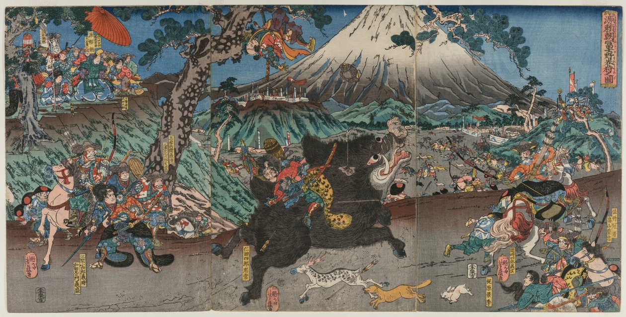 Minamoto no Yoritomo'nun Fuji Dağı Yamaçlarında Avının Resmi by Utagawa Yoshifuji