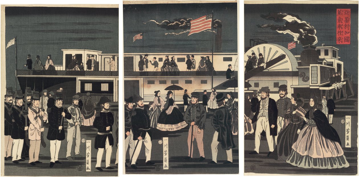 Bir Amerikan Buharlı Gemisinin Varışı ve Ayrılışı (Amerikakoku jokisha orai) by Utagawa Yoshikazu