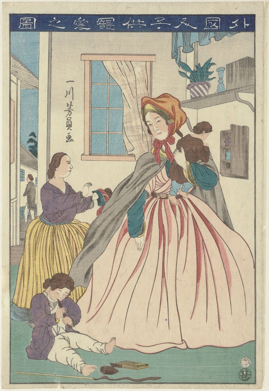 Yabancı bir kadının çocuklarına olan sevgisi Gaikokujin kodomo chôai no zu (nesne üzerindeki başlık) by Utagawa Yoshikazu