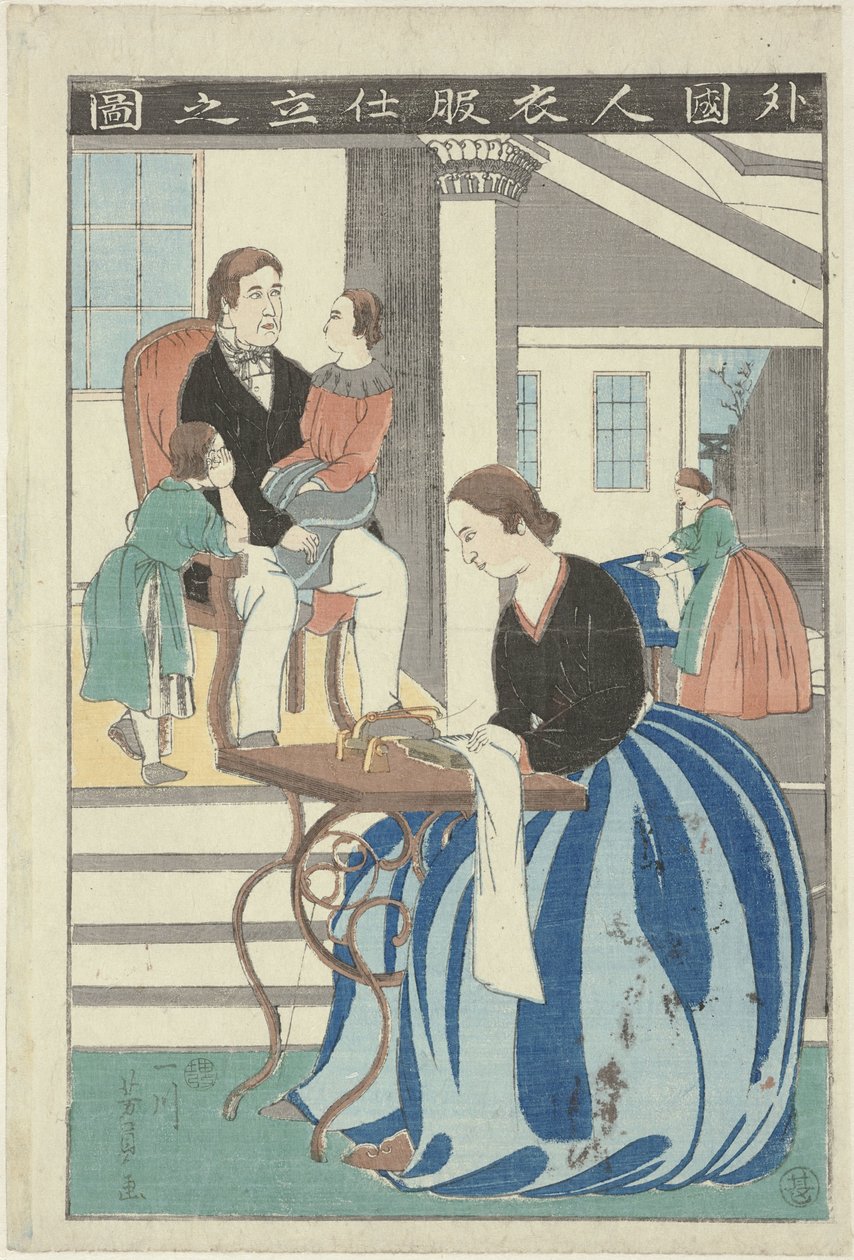 Batılı kadın bir dikiş makinesinin arkasında Gaikokujin ifuku Shite no zu (nesnedeki başlık) Giysi yapan bir yabancının görüntüsü by Utagawa Yoshikazu