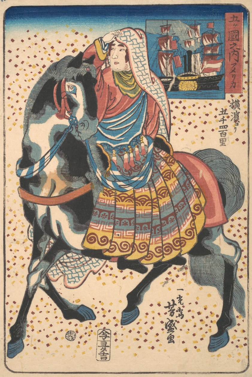 Atlı Amerikalı Kadın, 12. ay, 1860. by Utagawa Yoshimori