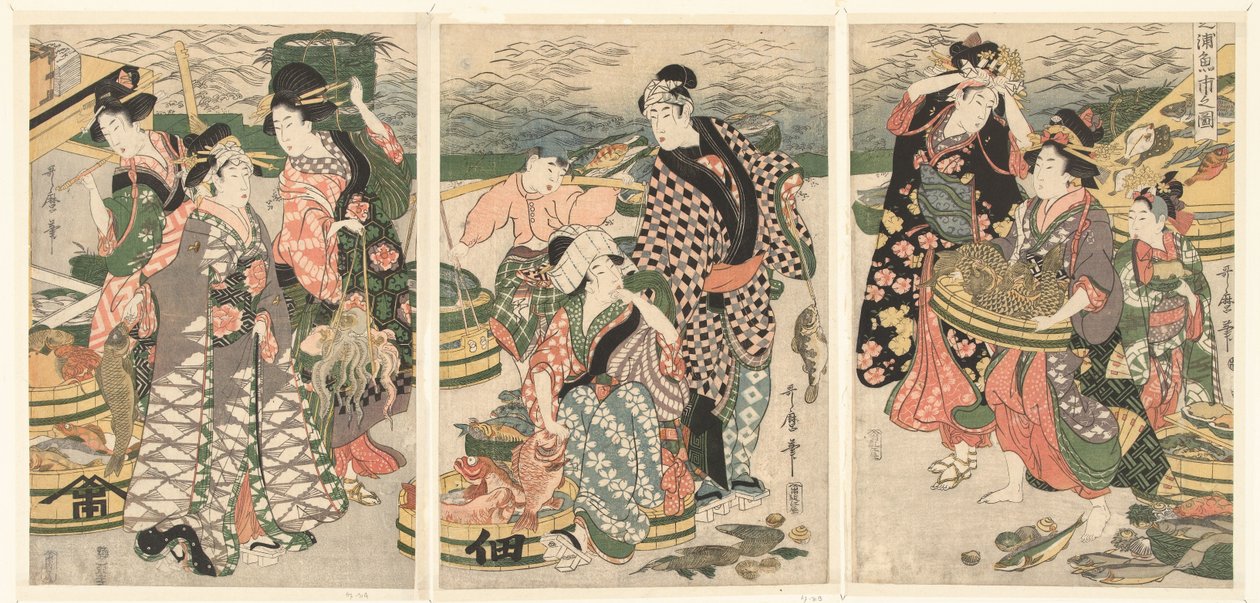 Shiba sahilinde balık pazarının görünümü [Shiba] no ura uoichi no zu (nesnedeki başlık) by Utamaro (II) , Kitagawa