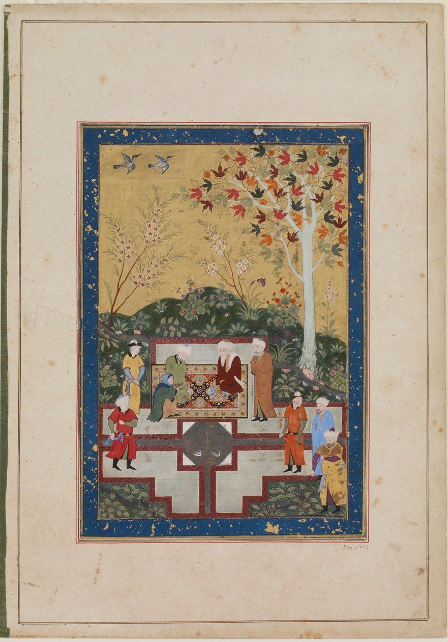 Yaşlı bir kadın ve iki erkek, c.1520-30 (mürekkep, opak suluboya ve kağıt üzerine altın) by Uzbek School