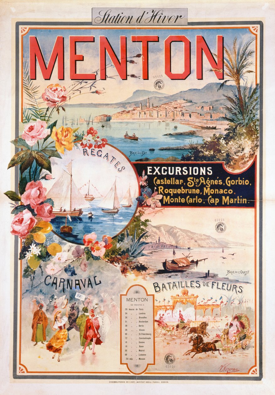 Bir Kış Tatil Köyü olarak Menton reklam afişi (chromolitho) by V. Nozeran