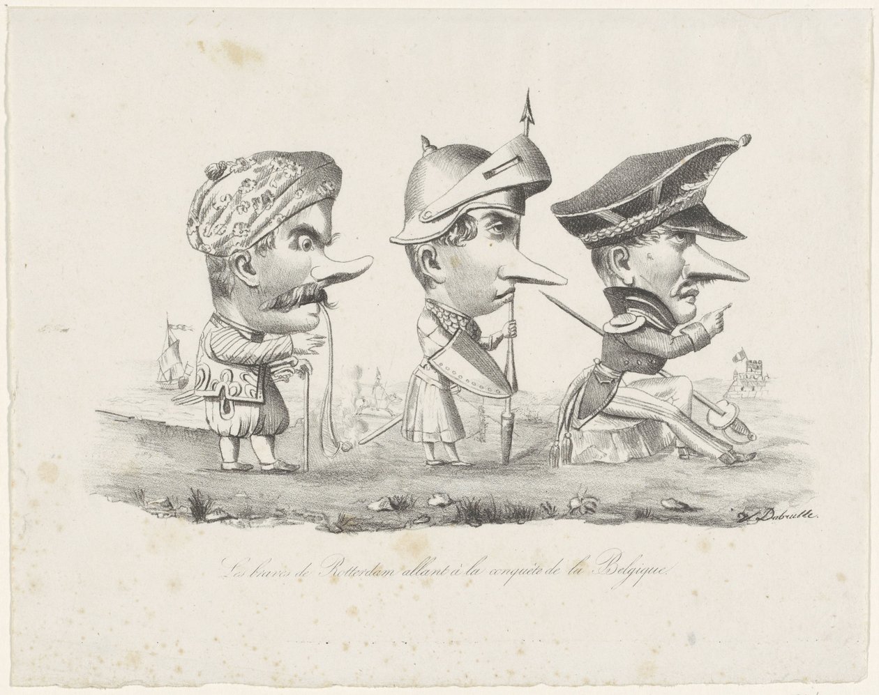 Rotterdam milislerinin karikatürü, 1830 Les cesur de Rotterdam allant à la conquête de la Belgique (nesne üzerindeki başlık) by V. Dubrulle