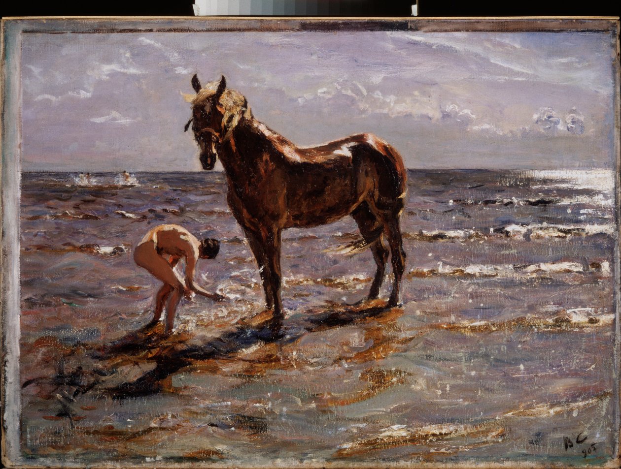 At banyosu. (Genç çıplak adam bir ata su sıçratır, diğer iki figür denize koşar). Valentin Aleksandroviç Serov