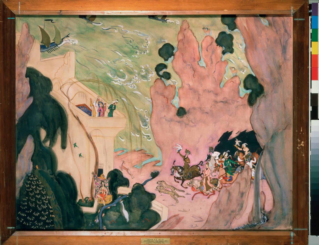 Nicolas (Nikolai) Rimsky Korsakov (Rimsky-Korsakov) (1844-1908) tarafından "Sheherazade" (Scheherazade) balesi için hazırlık perdesi. Valentin Alexandrovich Serov (1865-1911), kağıt üzerine suluboya ve guaj çalışması by Valentin Aleksandrovich Serov
