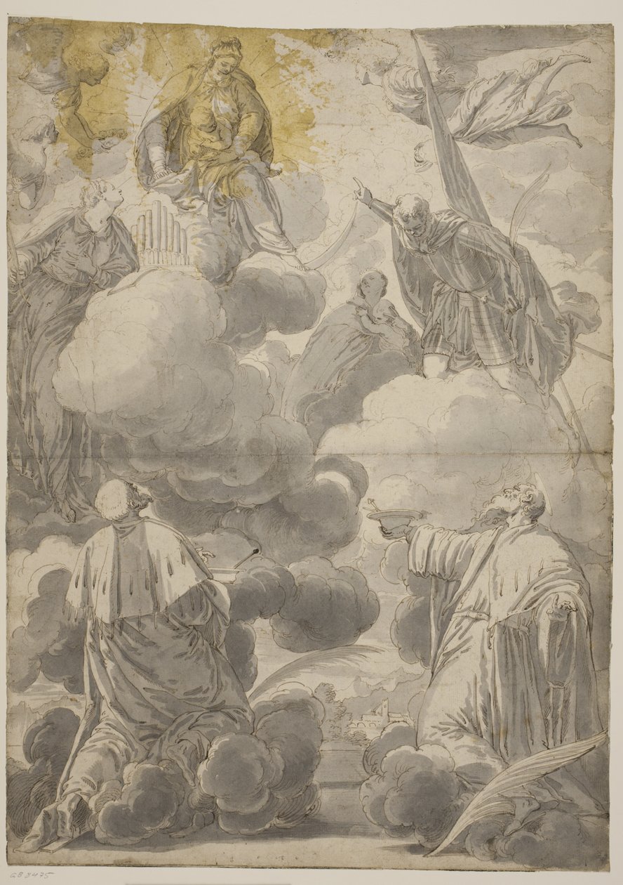 Melekler ve Sts Cosmas ve Damian, Cecilia, Secondo ve Marina ile çevrili bulutlardaki Bakire ve Çocuk by Valentin Lefèvre