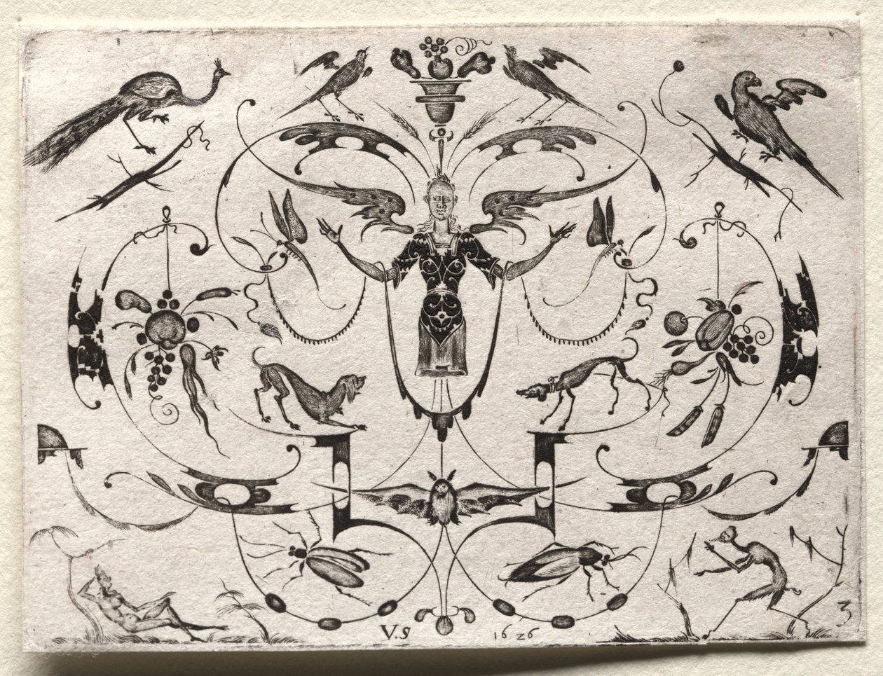 Tavuskuşu, Muhabbet Kuşu, Köpekler ve Böcekler ile Arabesk, 1626. by Valentin Sezenius