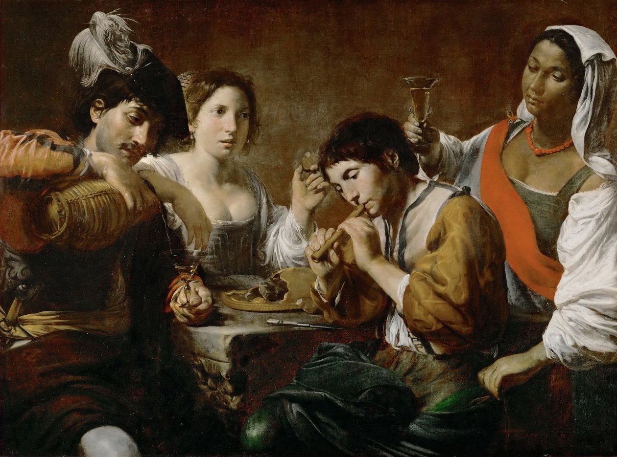 Bir Taverna Müzisyeninde Buluşma ve İçki İçenler by Valentin de Boullogne