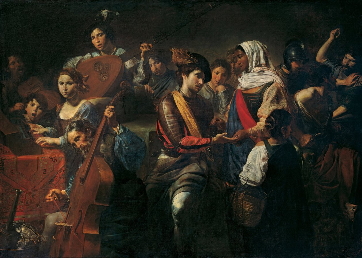 Neşeli şirket ve falcı. (Falcı ile Mutlu Şirket). Bir meyhanede tür sahnesi, müzisyenlerle kompozisyon (keman, çello, klavye ve ud), masada içkilerini hazırlayan erkekler, falcı by Valentin de Boulogne