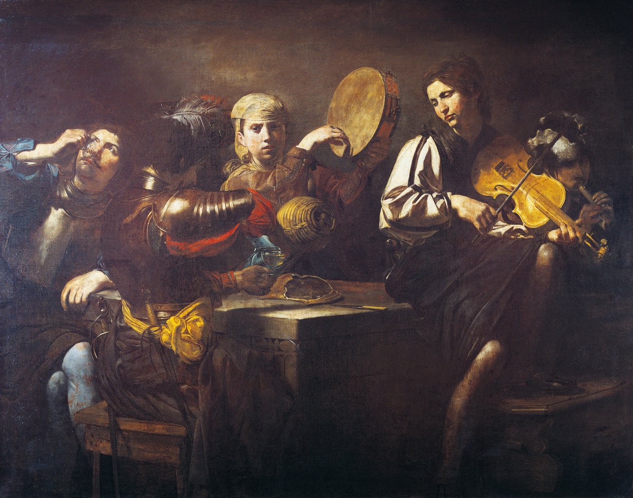 Müzisyenler ve askerler, yaklaşık 1626, Valentin de Boulogne (1591-1632), tuval üzerine yağlı boya by Valentin de Boulogne