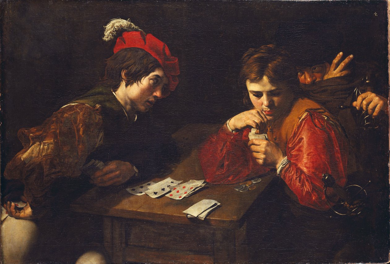 Cardsharps, Valentin de Boullogne (1591-1632). Tuval üzerine yağlı boya, c. 1615. Boyut: 94.5x137 cm. Dresden Devlet Sanat Koleksiyonları by Valentin de Boulogne