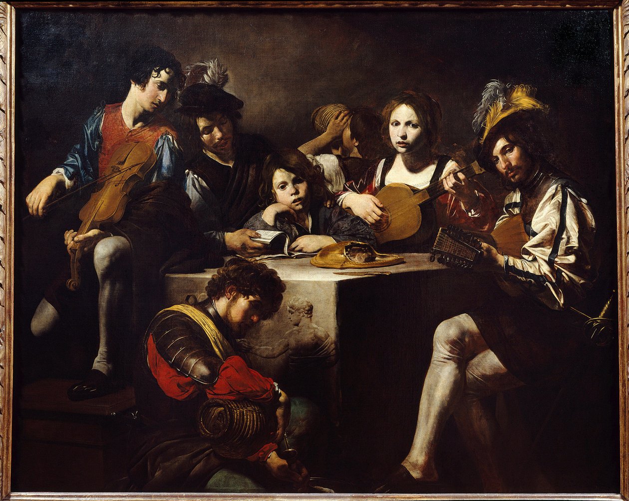 Alçak kabartma konseri. Müzisyenler yontulmuş bir sunağın etrafında toplandılar. Valentin de Boulogne
