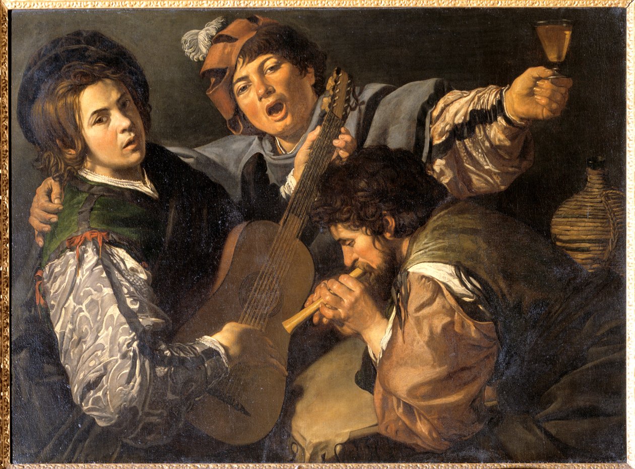 Müzik yapan üç adam, c.1616 (tuval üzerine yağlı boya) by Valentin de Boulogne