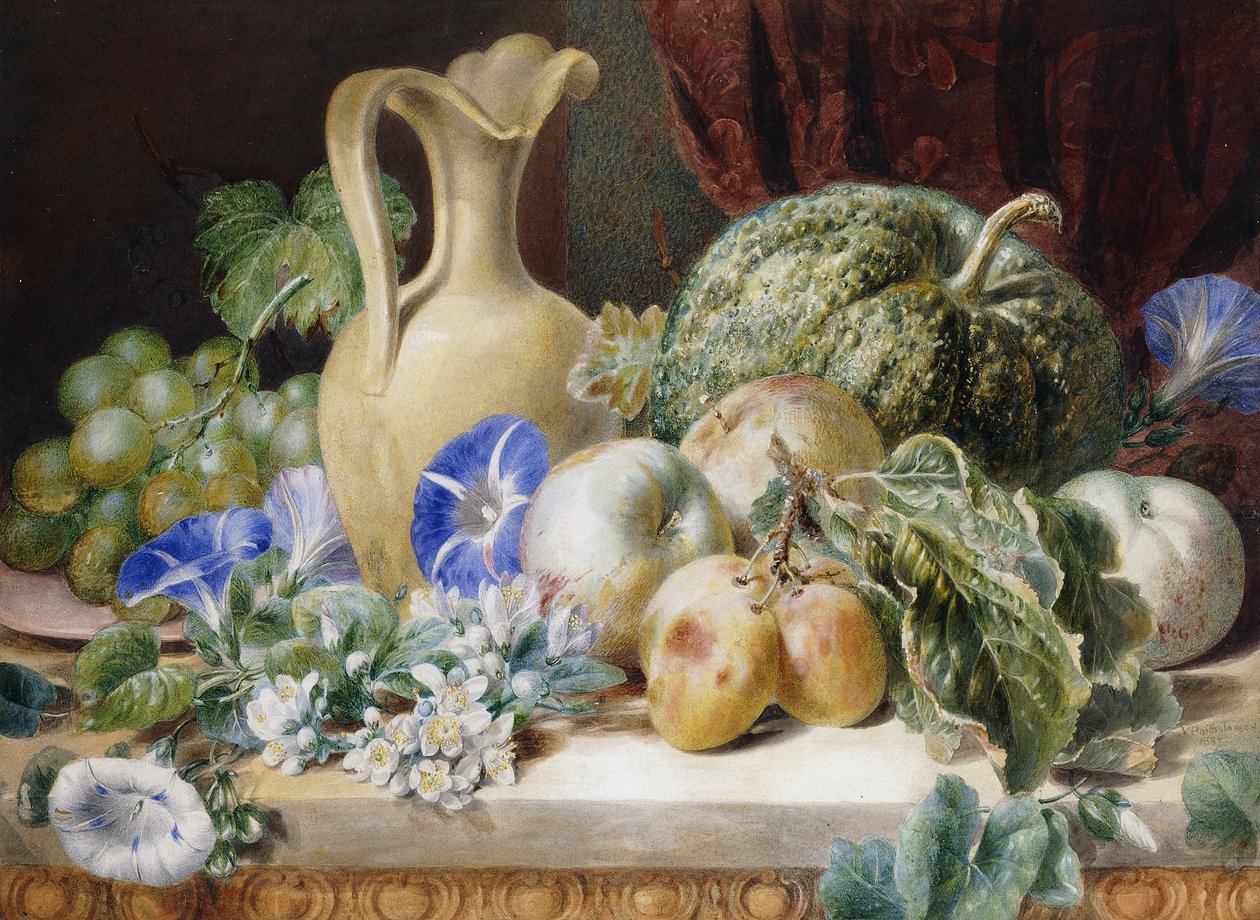 Sürahi, Elma, Erik, Üzüm ve Çiçeklerle Natürmort, by Valentine Bartholomew