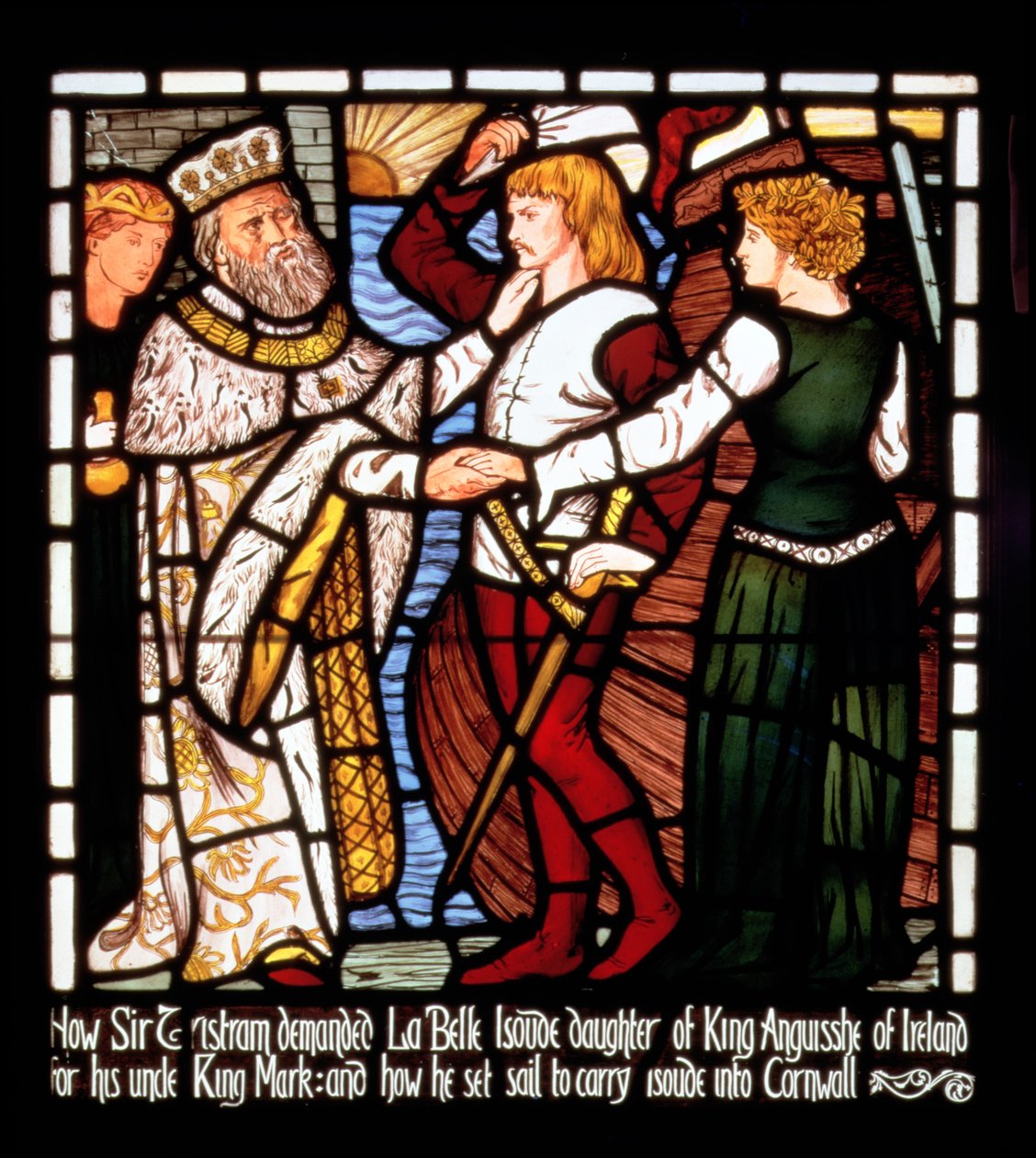 Sir Tristan, 'Tristan ve Isolde'nin Öyküsü'nden Isolde the Fair ile İrlanda'dan ayrılıyor, William Morris und Co. (vitray) by Valentine Cameron Prinsep