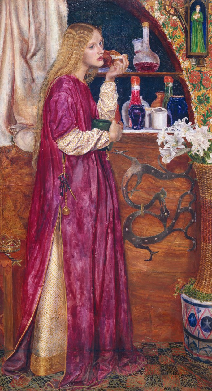 Kraliçe Salonda Ekmek ve Bal Yiyordu (panoda yağlı boya) by Valentine Cameron Prinsep