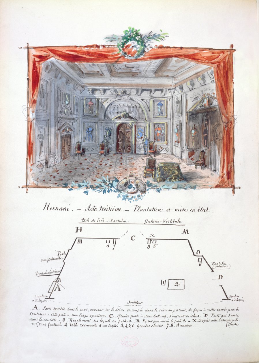 Victor Hugo (1802-85), 1879 (mürekkep ve guaj) tarafından 1877 yapımı Hernani için tasarım ve sahne yönergeleri ayarlayın by Valnay Pere et fils