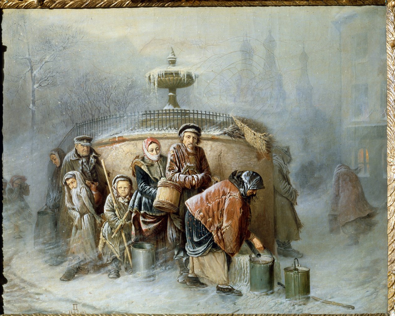 Çeşmedeki Kuyruk. Kışın ortasında, şehrin sakinleri soğuk rüzgar ve sis altında kovalarını içme suyuyla doldurmak için sıralarını beklerler. Vasili (Vasili) Grigoryevich Perov (1834-1882), yağlı boya by Vasili Grigorevich Perov