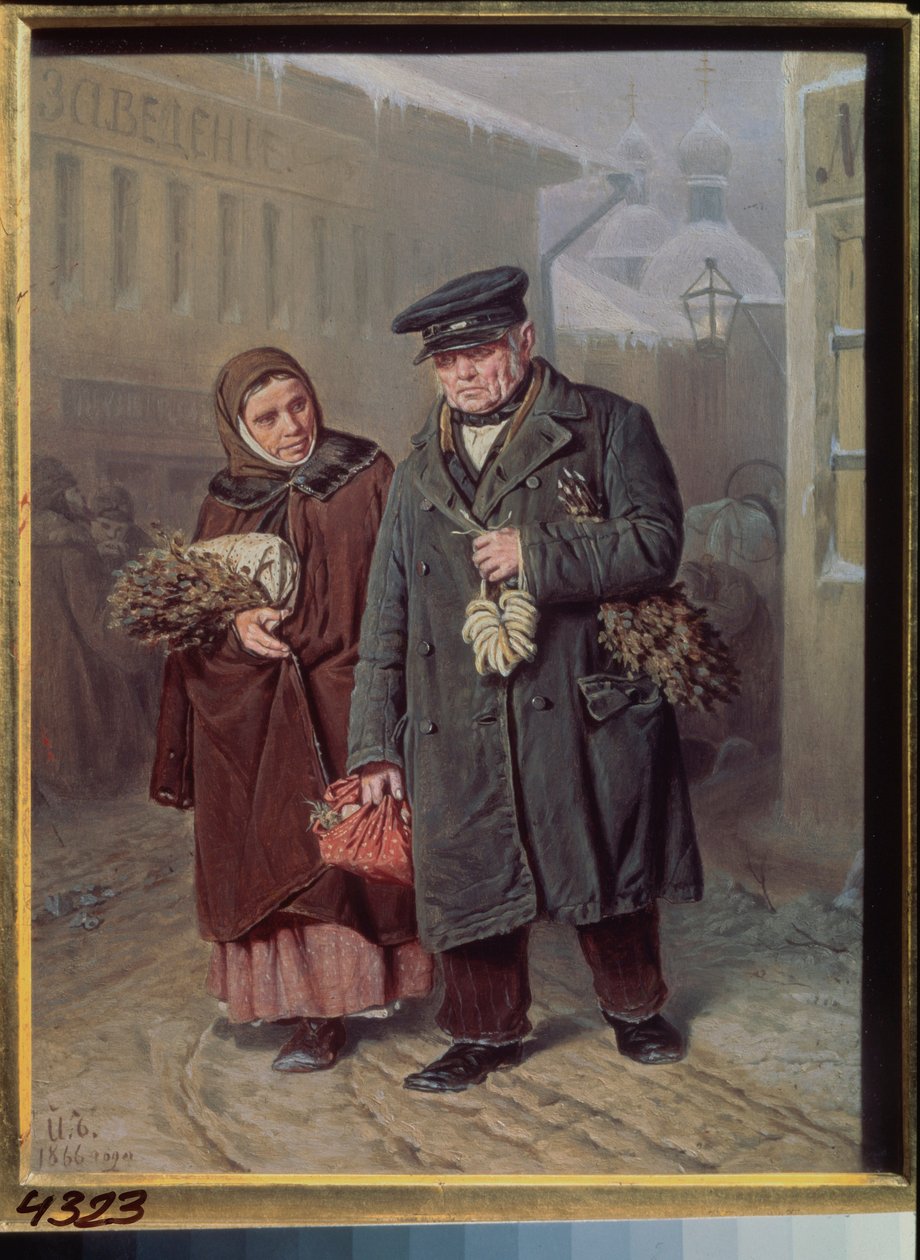 Ödünç Pazartesi (Paskalya haftasından önce buhar banyosu için şifalı ve arındırıcı bitkiler giyen çift) - Temiz Pazartesi - Boyama Vasili (Vassili) Grigorievich Perov (1834-1882), ahşap üzerine yağ by Vasili Grigorevich Perov