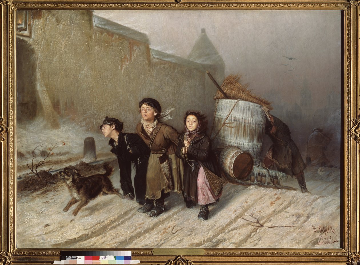 Troyka (Kızak). Çıraklar su getiriyor. (Kışın sokak). Vasili (Vasili) Grigoryevich Perov