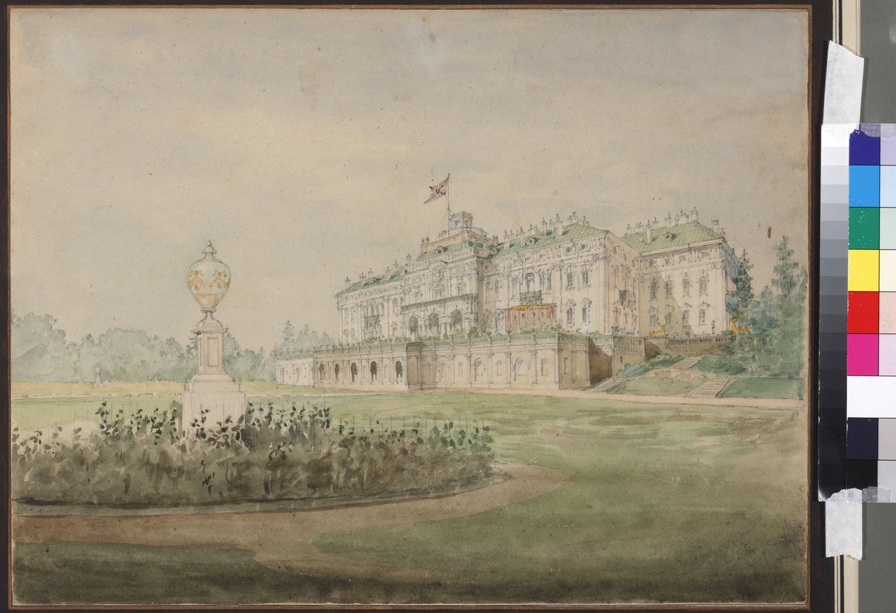 Le palais Constantin a Strelna, pres de Saint Petersbourg - Strelna'daki St. Petersburg yakınlarındaki Konstantin Sarayı'nın görünümü, Sadovnikov, Vasily Semyonovich (1800-1879). Kağıt üzerine suluboya by Vasili Semenovich Sadovnikov