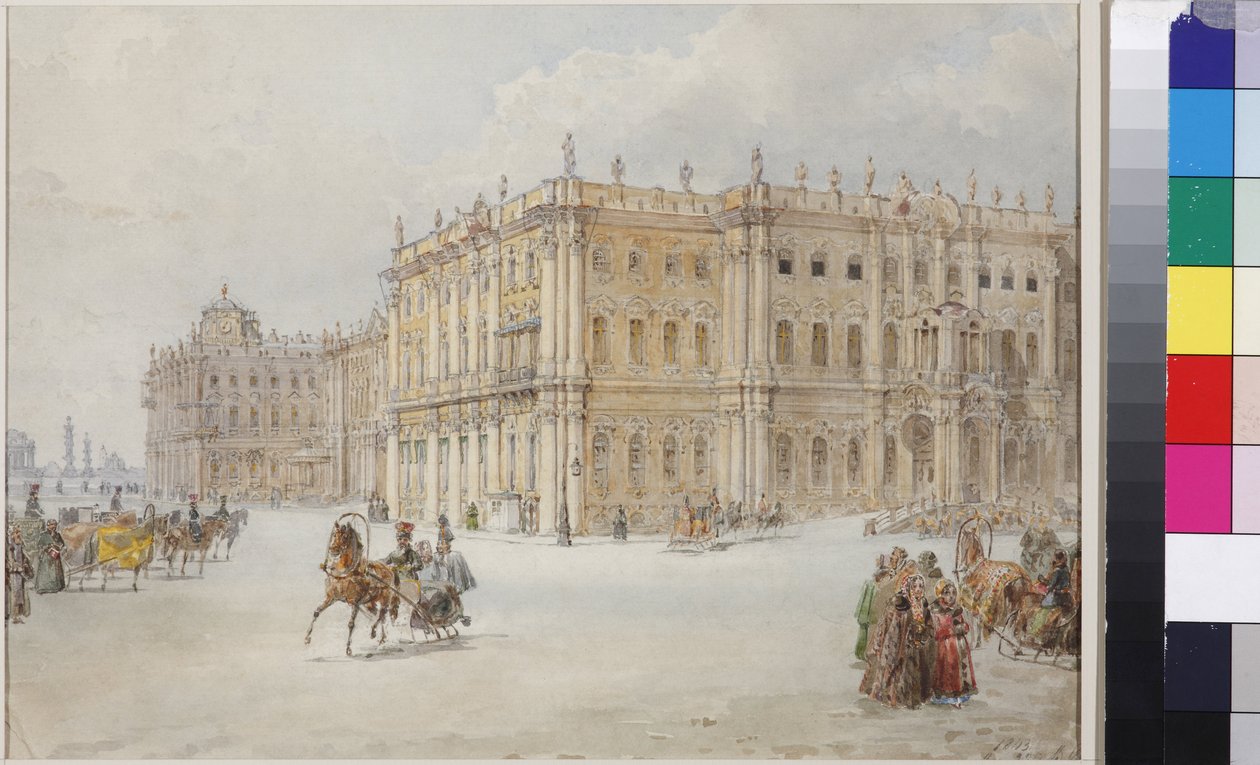 Sadovnikov, Vasily Semyonovich (1800-1879) tarafından İmparator I. Nicholas'ın saray meydanından yolculuğu. Kağıt üzerine suluboya by Vasili Semenovich Sadovnikov
