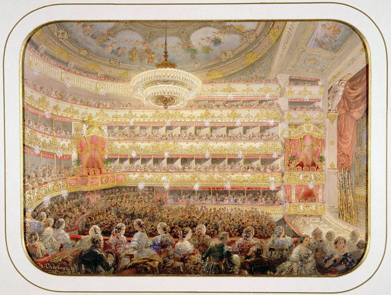Saint Petersburg İmparatorluk Bolşoy Kamenny Tiyatrosu Oditoryumu par Sadovnikov, Vasily Semyonovich (1800-1879). Suluboya, Kağıt üzerine guaj, ebat : 35x26 by Vasili Semenovich Sadovnikov