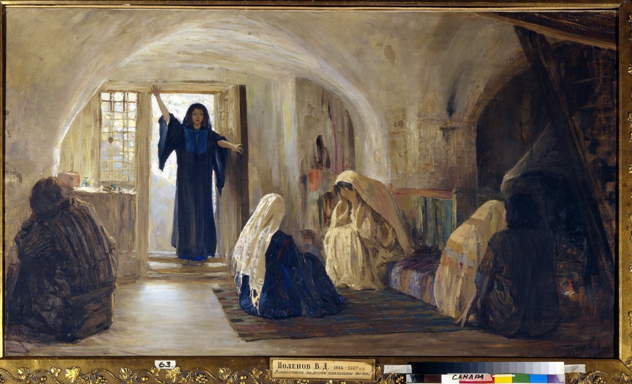 Tetikleyen Sevinç Gözyaşları (Parıldayan genç bir kadın, herkesin oturup ağlayarak ağladığı bir eve girer) (Ağlayan bir sevinç içindedir) - Tablo Vasili Dmitrievich Polenov (1844-1927), tuval üzerine yağlıboya (80x141 cm ),1899-1905 - Durum by Vasilij Dmitrievich Polenov