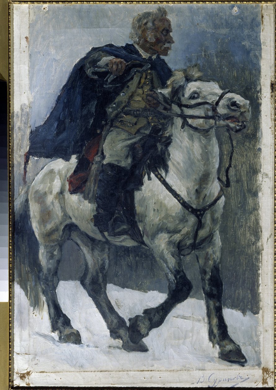 Alexander Suvorov (1729-1800) at sırtında. (At Sırtında Alexander Suvorov). Rus kahramanı, İtalyan seferi sırasında (1799-1800) Rus birliklerinin başında Alpleri geçerken anlatılır. Vasilli Ivanovich Surikov