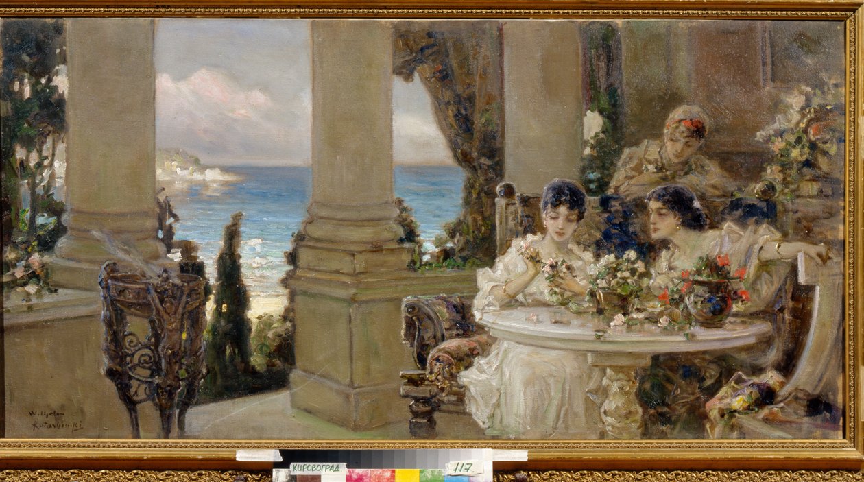 Sur la terrasse - Peinture de Vassili (Vasili, Vasilii, Wilhelm) Alexandrovich Kotarbinsky (Kotarbinski, Kotarbinskii) (1849-1921), huile sur toile - Terasta, Tuval üzerine yağlı boya, Vasilii Alexandrovich Kotarbinsky - Bölgesel Sanat Müzesi, Kirovohrad by Vasily Alexandrovich Kotarbinsky