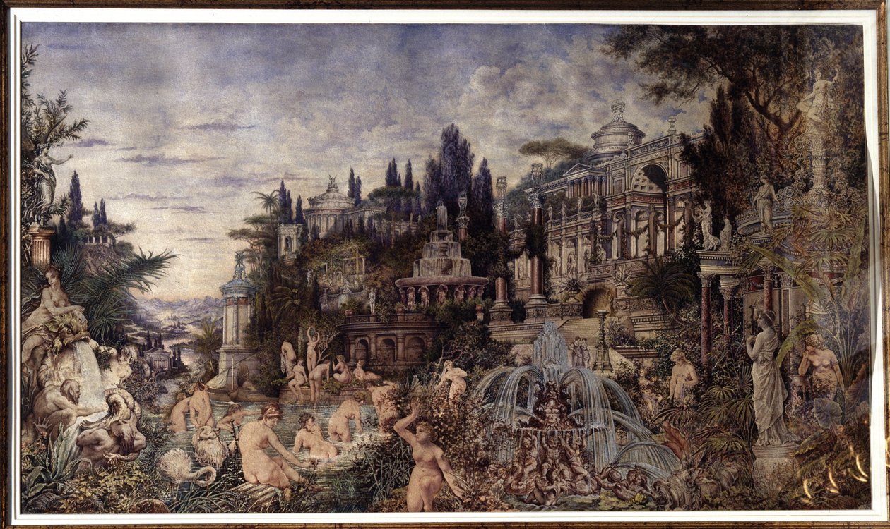 Bir seks partisi (Bir Orgy). Antik Roma saraylarının önünde, bir Dionysos satirleri ve bacchantes kortejini banyo sahnelerinde bir araya getiren kutlama sahnesi. Vassili (Vasili, Vasilii, Wilhelm) Alexandrovich Kotarbinsky