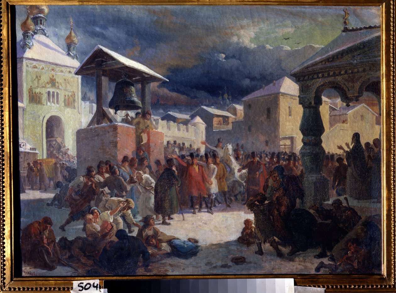 Novgorod cumhuriyetindeki veche (Slav ülkelerinin ortaçağ halk meclisi) (Novgorod cumhuriyetindeki veche). Vasili Grigorievich Khudyakov'un (1826-1871) tablosu. Tuval üzerine yağlıboya by Vasily Grigorievich Khudyakov