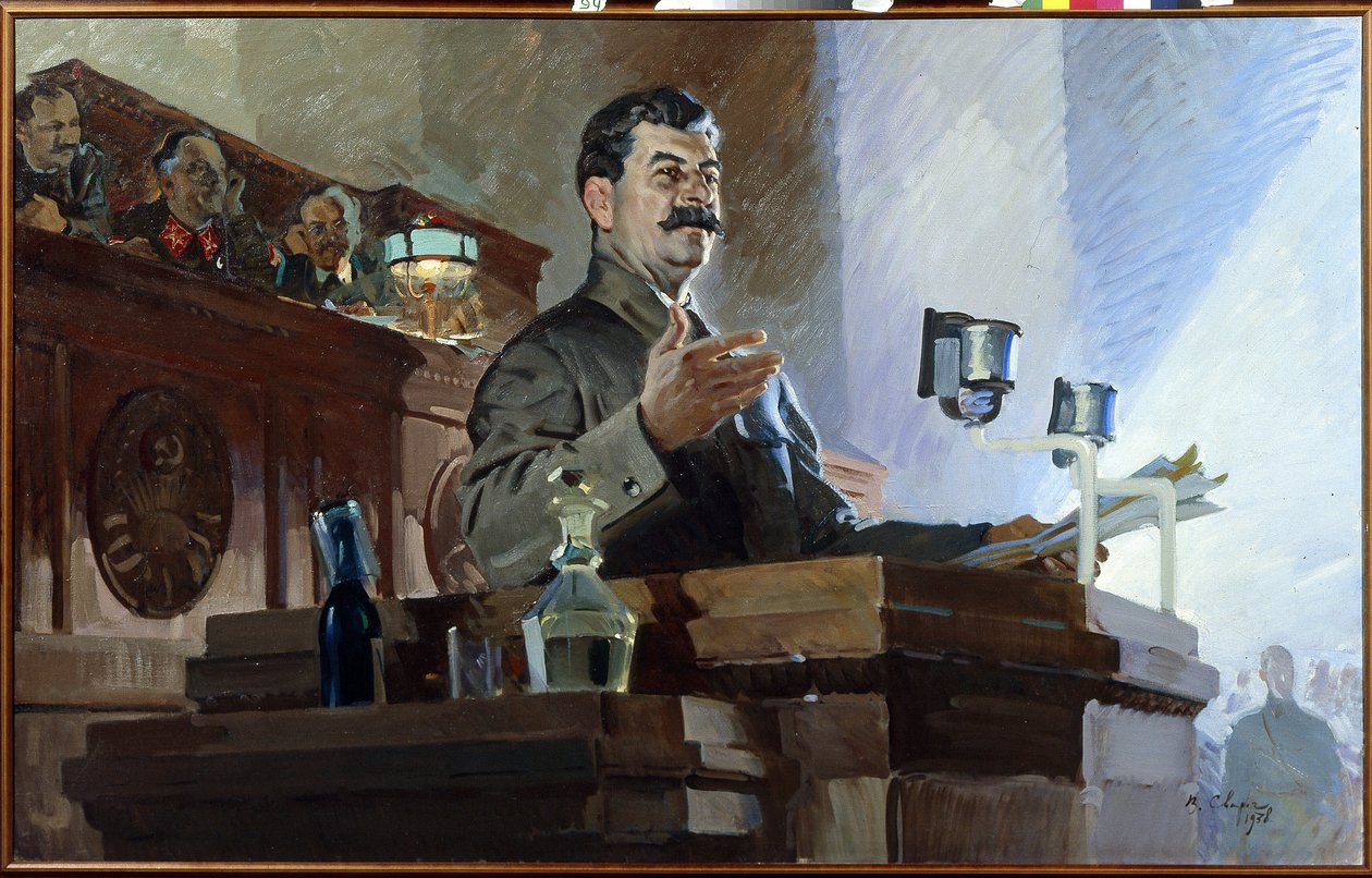 Joseph Stalin (Stalin) (Joseph Vissarionovich Djougachvili dit) (1879-1953), 5 Aralık 1936'da yapılan 8. olağanüstü sovyetler kongresinde Sovyet anayasasını (Stalin anayasası) yeniden tanımlıyor. Dr. by Vasily Semyonovich Svarog