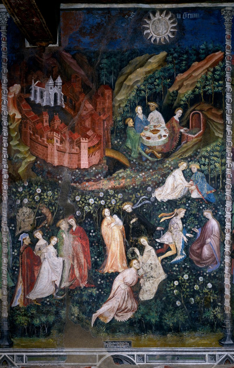 Mayıs ayı: bir gül bahçesinde (gül bahçesi) genç aristokratlar ve bayan çiftleri. Güller arasında sevgi ve barış sahnesi. Masanın dibinde insanlar yemeklerini yer ve bir çeşmeden kaynak suyu içerler. Sağda müstahkem bir şehir temsil edilir by Venceslao Maestro