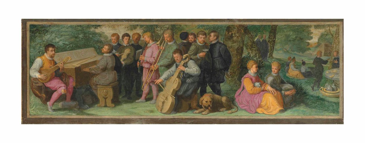 Bir ağaçkakan, bir klavikor, bir keman, bir kornet, bir trombon ve bir viyolonsel çalan zarif figürlerle pastoral bir konser (panelde yağlı boya) by Venetian School