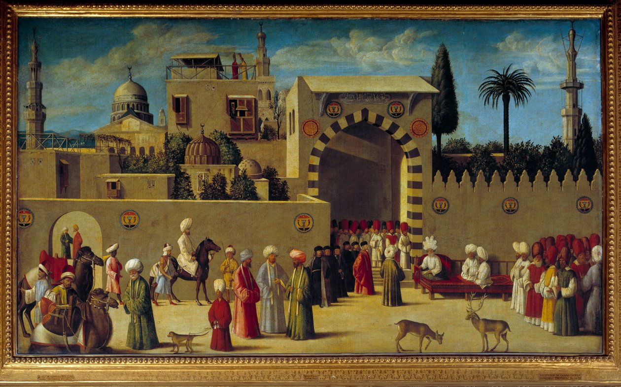 16. yüzyılın başlarındaki Venedik okulunun Şam resminde bir Venedik elçiliğinin izleyicileri. Güneş 1,75x2,01 m by Venetian School